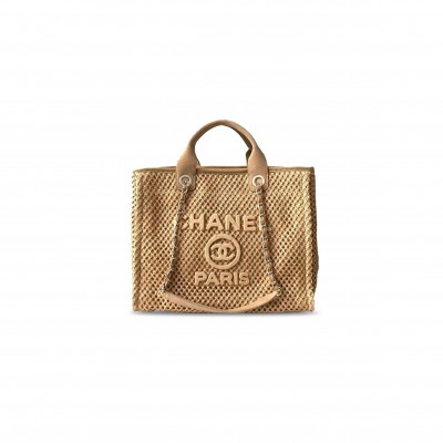 CHANEL BEIGE MIXED FIBERS LARGE DEAUVILLE TOTE AS66941 (38*28*20cm)